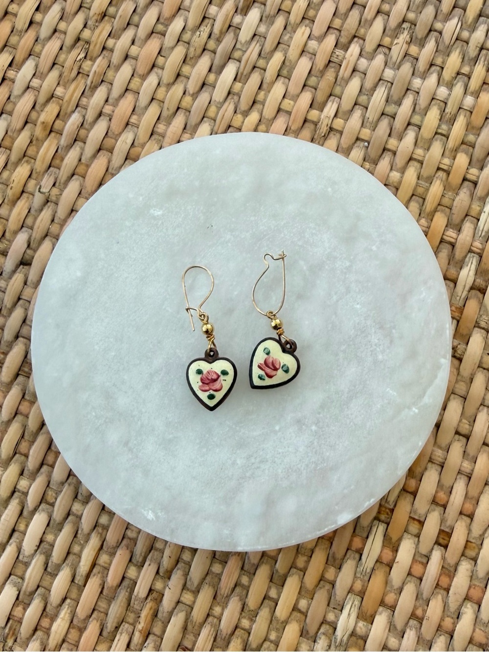 Vintage Heart Drop Earrings - Cream & Pink Hand-Painted Heart Floral